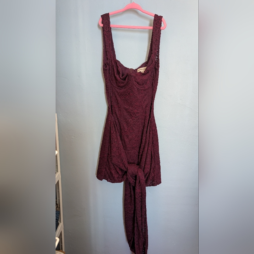 Mars The Label Plum Cinched Lace Mini Dress with Tie - Picture 2 of 6
